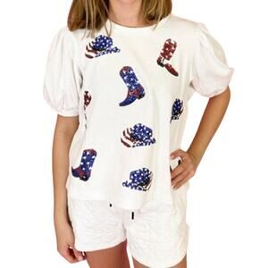 NWT Peach Love Sequin Boot Scootin 4th Of July USA Puff Sleeve Top M